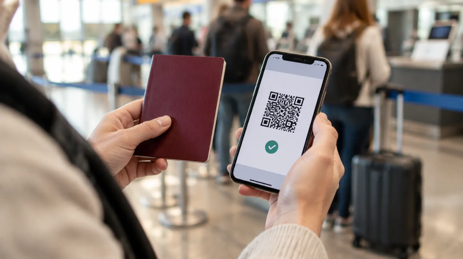 رسم توضيحي: مسافر في مطار يحمل جواز سفر وهاتفاً يعرض رمز QR